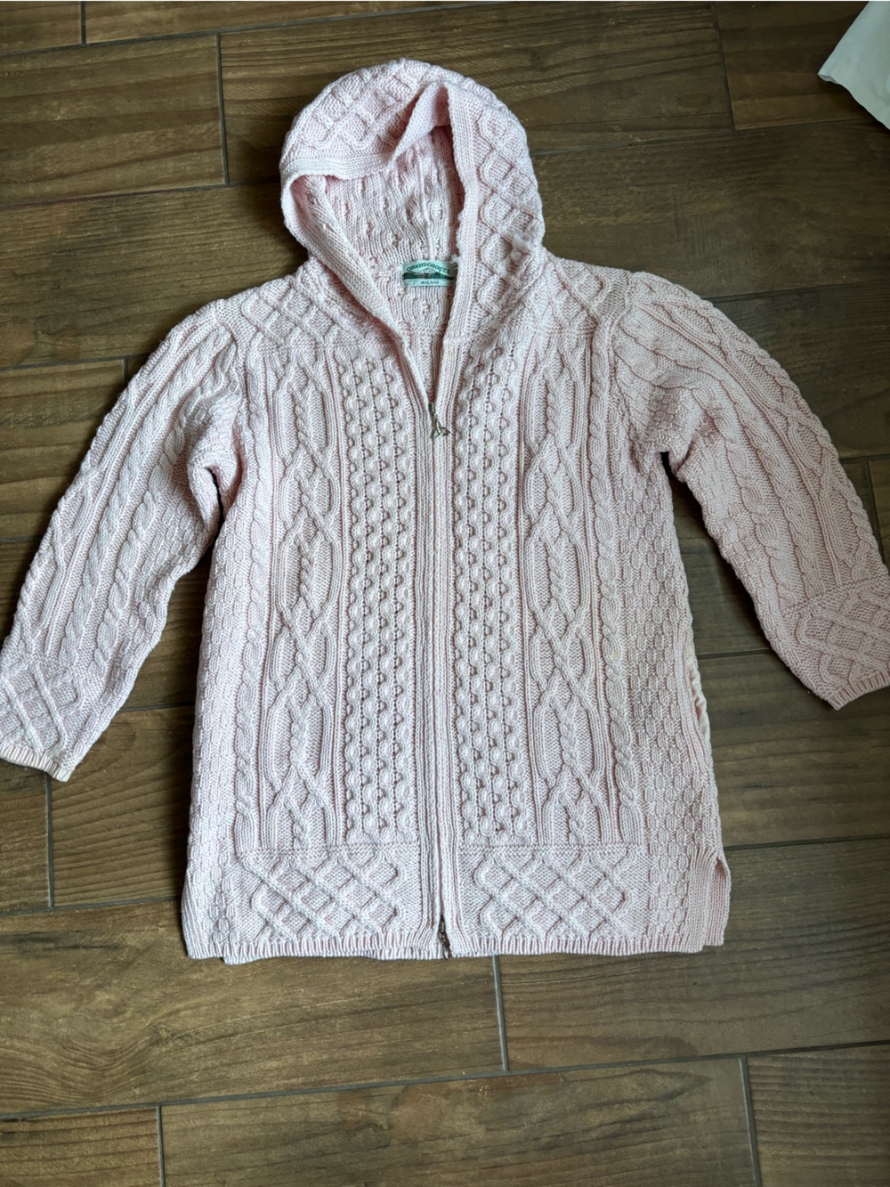Aran Crafts Ireland Pink Merino Wool Cable Knit Hooded Cardigan Medium